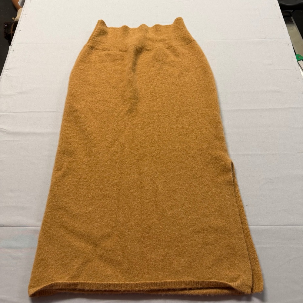 Unsubscribed Cashmere Blend Knit Midi Skirt Camel Brown XL High Waist Side Slit